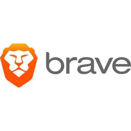 An orange lion face made with simple shapes. Next to it, the word “brave” is written in gray, round letters.