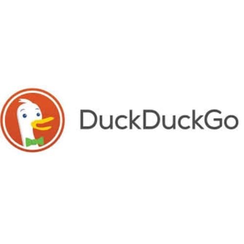 An orange circle with a cartoon duck’s head wearing a green bow tie. Next to it, the words “DuckDuckGo” appear in gray.