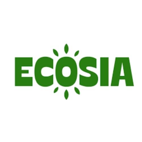 The word “ECOSIA” is written in green. Around the letter “O,” there are small yellow lines that look like the sun.