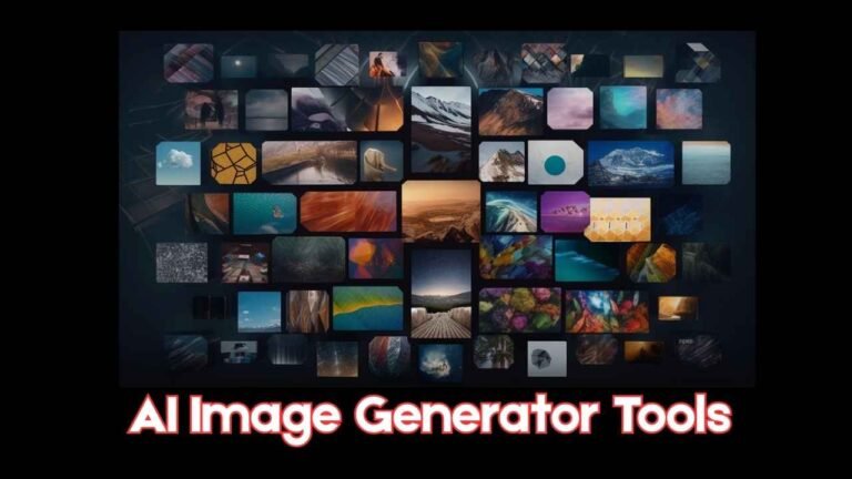 Dark-themed collage of many small digital images arranged in a grid, showcasing landscapes, abstract visuals, and creative artwork, with bold text at the bottom reading ‘AI Image Generator Tools.