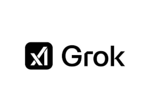 xAI Grok logo with a black square “x1” icon and the “Grok” wordmark on a white background.