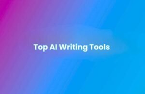 Featured image with the text “Top AI Writing Tools” in bold white font on a purple-to-blue gradient background, representing a guide to leading artificial intelligence writing software and content creation tools.