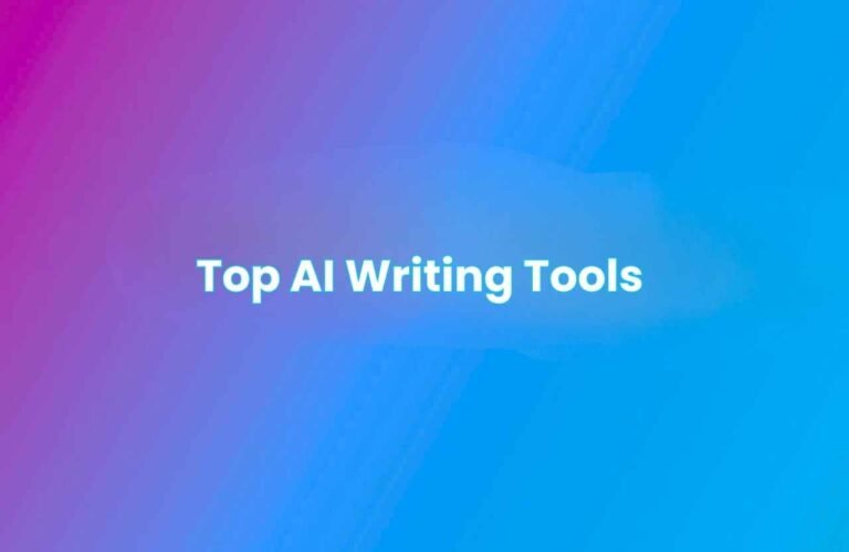 Featured image with the text “Top AI Writing Tools” in bold white font on a purple-to-blue gradient background, representing a guide to leading artificial intelligence writing software and content creation tools.