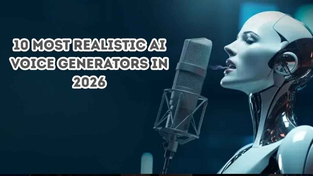 Futuristic humanoid robot speaking into a studio microphone, with text reading ‘10 Most Realistic AI Voice Generators in 2026’ on a dark blue background.