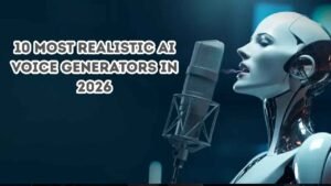 Futuristic humanoid robot speaking into a studio microphone, with text reading ‘10 Most Realistic AI Voice Generators in 2026’ on a dark blue background.