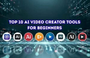 “Banner showing the text ‘Top 10 AI Video Creator Tools for Beginners’ with multiple AI and play-button icons arranged in a row on a futuristic digital background.”