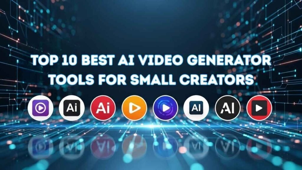 Top 10 best AI video generator tools for small creators, showing a futuristic digital background with video and AI icons highlighting popular video creation platforms.