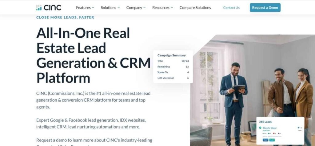 CINC homepage featuring all-in-one real estate lead generation and CRM platform with campaign summary and team interface preview.