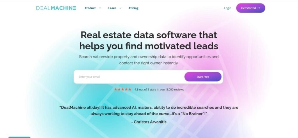 DealMachine homepage showing real estate data software for finding motivated seller leads with email signup and star rating reviews.