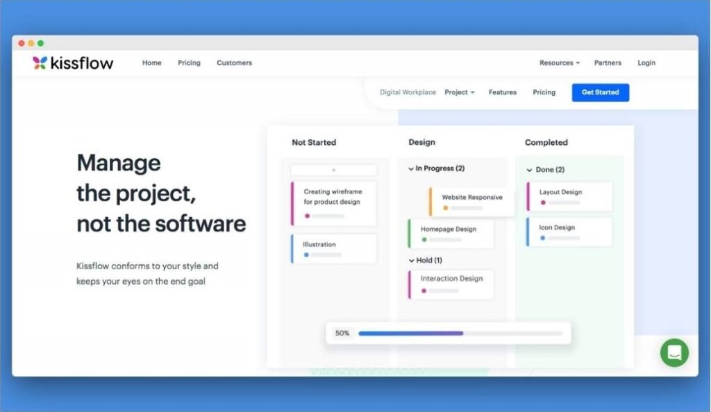 Kissflow digital workplace homepage featuring a project management dashboard with kanban-style task columns for designing, tracking, and completing business workflows.