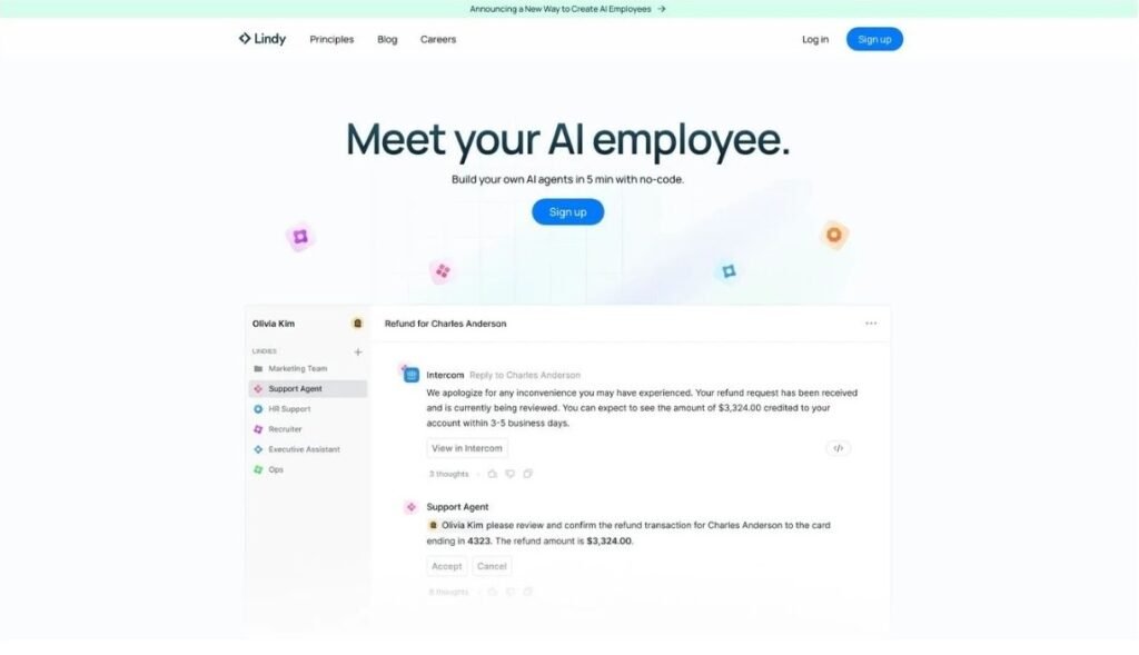 Lindy AI homepage presenting an AI employee platform with a clean interface, showing automated customer support and internal workflows powered by custom no-code AI agents.