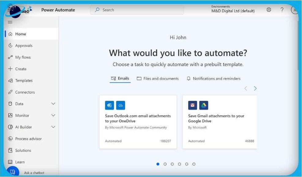 Microsoft Power Automate dashboard interface displaying prebuilt automation templates for email attachments, file management, and notifications within the Microsoft ecosystem.
