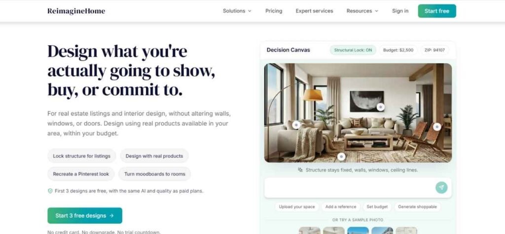 ReimagineHome website displaying AI-powered virtual staging and interior design tools for real estate listings with design preview interface.