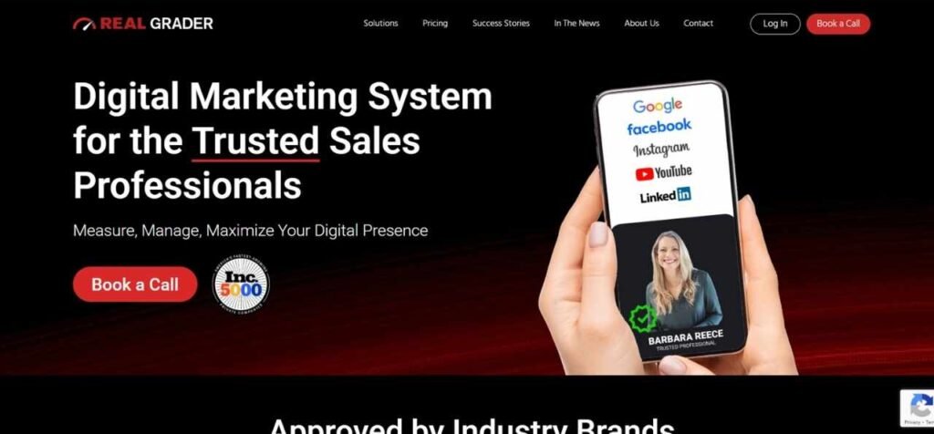 Real Grader homepage displaying digital marketing system for trusted sales professionals with social media branding preview on a mobile screen.