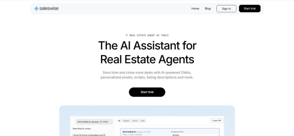 Saleswise homepage presenting AI assistant for real estate agents with start trial call-to-action and dashboard preview.