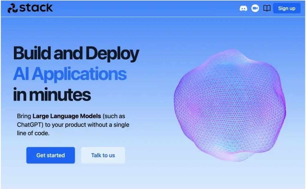 Stack AI homepage featuring a blue gradient design with the message “Build and Deploy AI Applications in minutes,” highlighting no-code tools to integrate large language models into products.