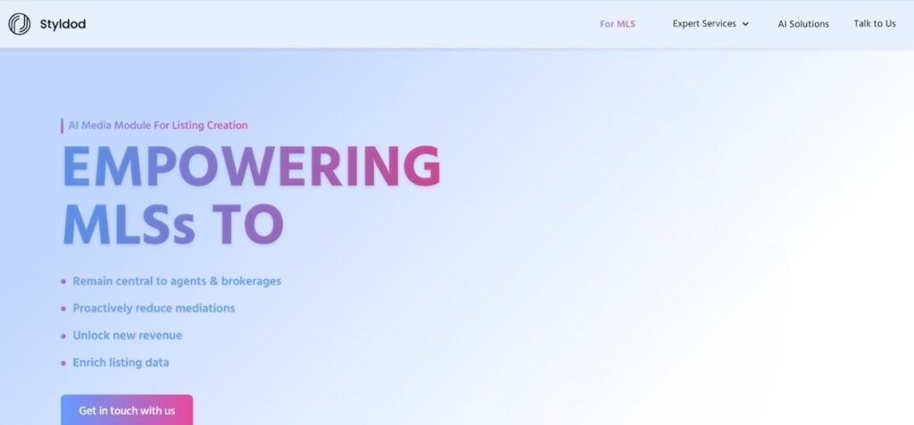 Styldod homepage showing AI media module for listing creation with headline “Empowering MLSs” and features for agents and brokerages.