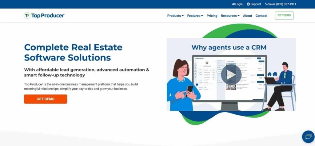 Top Producer website showing complete real estate software solutions with CRM demo interface and call-to-action button.