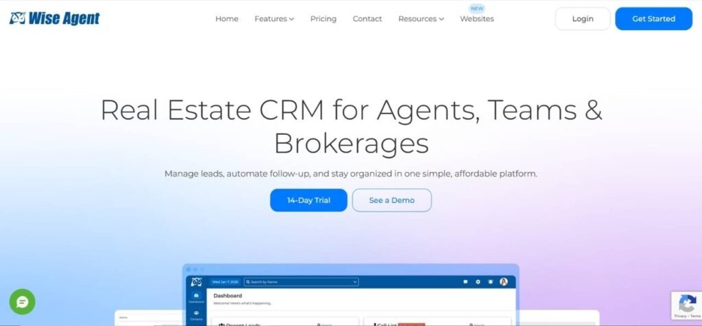 Wise Agent homepage highlighting real estate CRM for agents, teams, and brokerages with free trial and demo options.