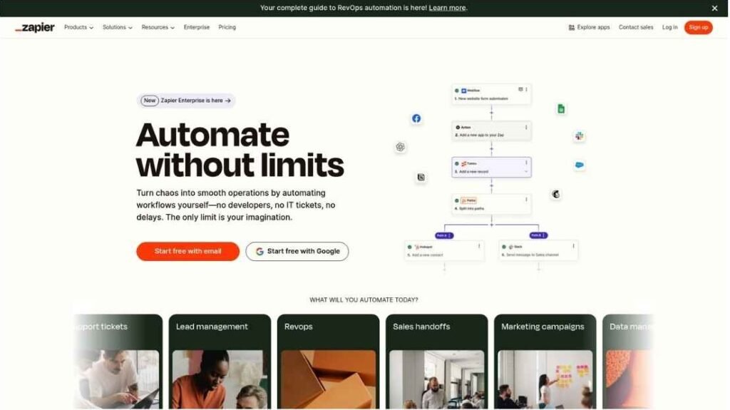 Zapier homepage displaying workflow automation software with a visual automation builder, promoting no-code integrations that connect apps and automate business processes at scale.