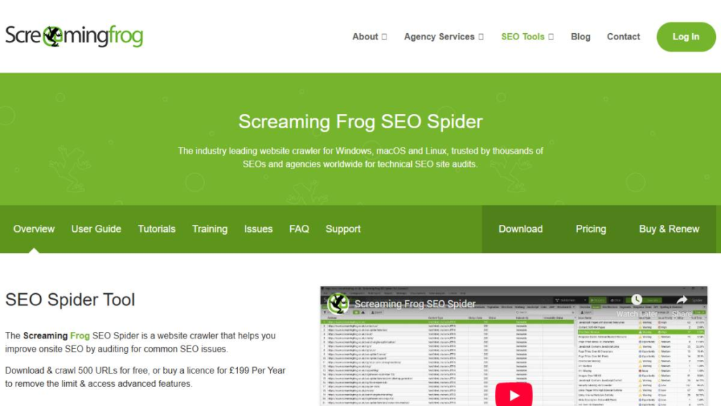 Home page of Screaming Frog SEO Spider