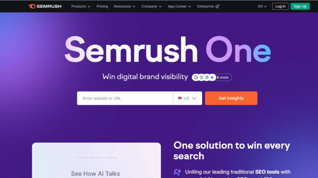 Home page of Semrush