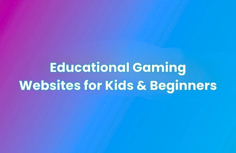 A gradient background transitioning from purple to blue with centered white text reading “Educational Gaming Websites for Kids & Beginners.”