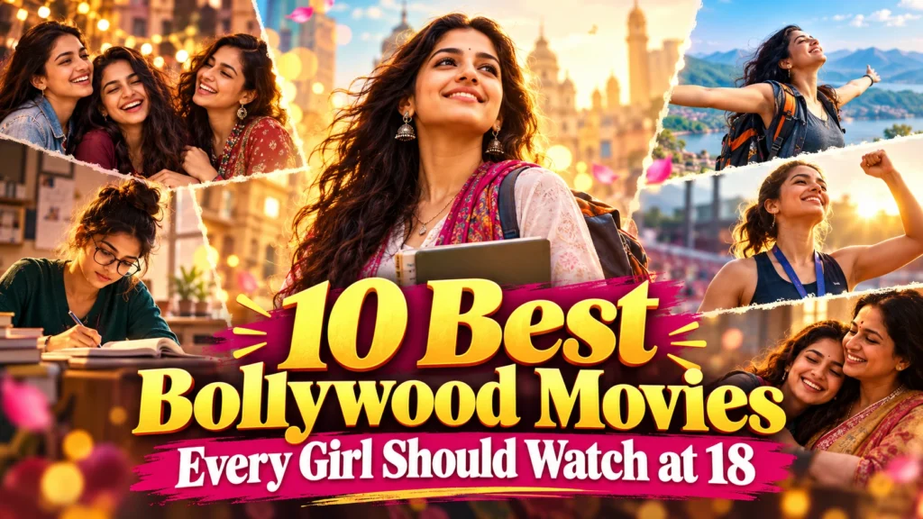 Colorful featured image for 10 Best Bollywood Movies Every Girl Should Watch at 18, featuring young Indian women celebrating friendship, education, independence, confidence, and personal growth.