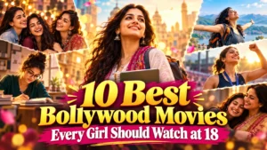 Colorful featured image for 10 Best Bollywood Movies Every Girl Should Watch at 18, featuring young Indian women celebrating friendship, education, independence, confidence, and personal growth.