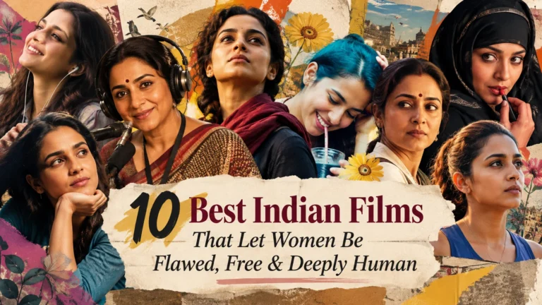 Colorful collage featuring female characters from Indian cinema, highlighting 10 best Indian films that portray women as flawed, free, and deeply human, exploring themes of empowerment, identity, independence, and self-discovery