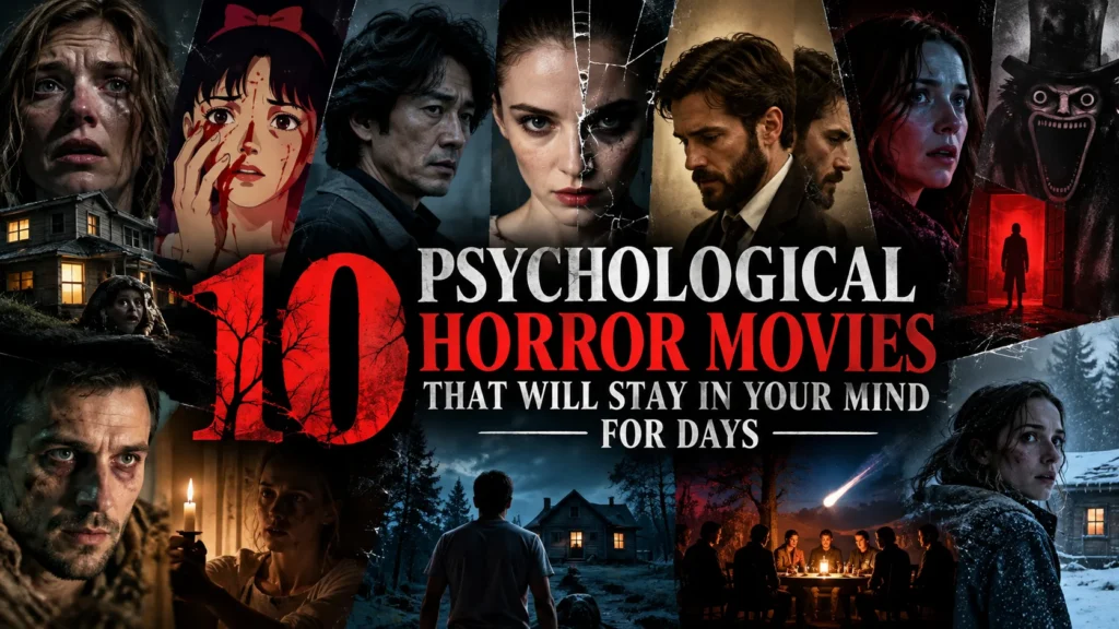 Featured image for "10 Psychological Horror Movies That Will Stay in Your Mind for Days," featuring a dark cinematic collage of frightened characters, disturbing faces, haunted houses, shadowy figures, and eerie scenes, with bold red and white typography highlighting the psychological horror movie list.