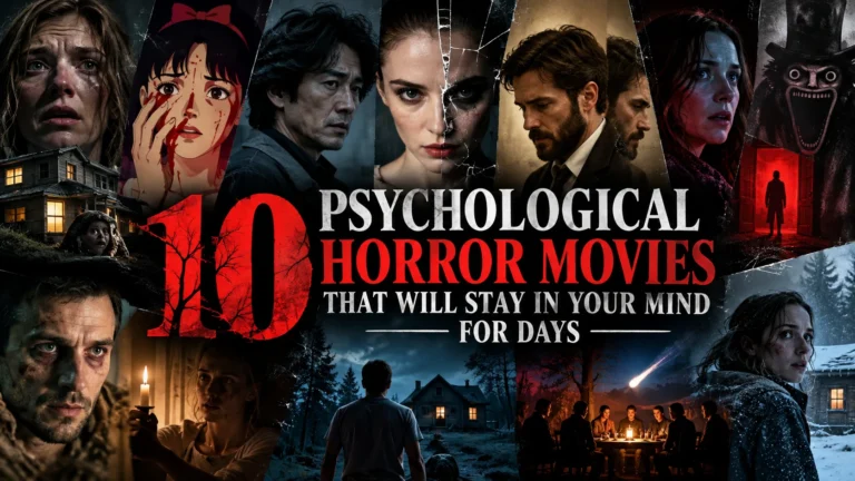 Featured image for "10 Psychological Horror Movies That Will Stay in Your Mind for Days," featuring a dark cinematic collage of frightened characters, disturbing faces, haunted houses, shadowy figures, and eerie scenes, with bold red and white typography highlighting the psychological horror movie list.