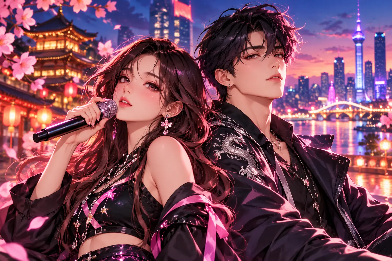 Anime characters with an Asian city skyline at sunset. An anime-style illustration of a stylish young male and female performer posing back-to-back at twilight, with the woman holding a microphone and wearing a black stage outfit with pink accents, set against a backdrop of blooming pink cherry blossoms, traditional illuminated Asian pagodas, and a glowing futuristic city skyline over a river.