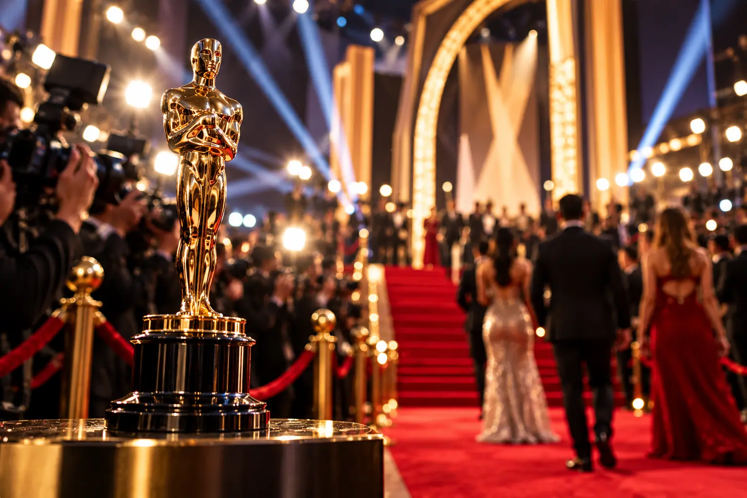 Golden award trophy on a red carpet at a glamorous event. A golden Oscar statuette stands prominently in the foreground on a metallic pedestal, overlooking a bustling red carpet event with guests in elegant formal attire walking up grand steps toward a brightly lit venue backdrop surrounded by photographers and stage spotlights.