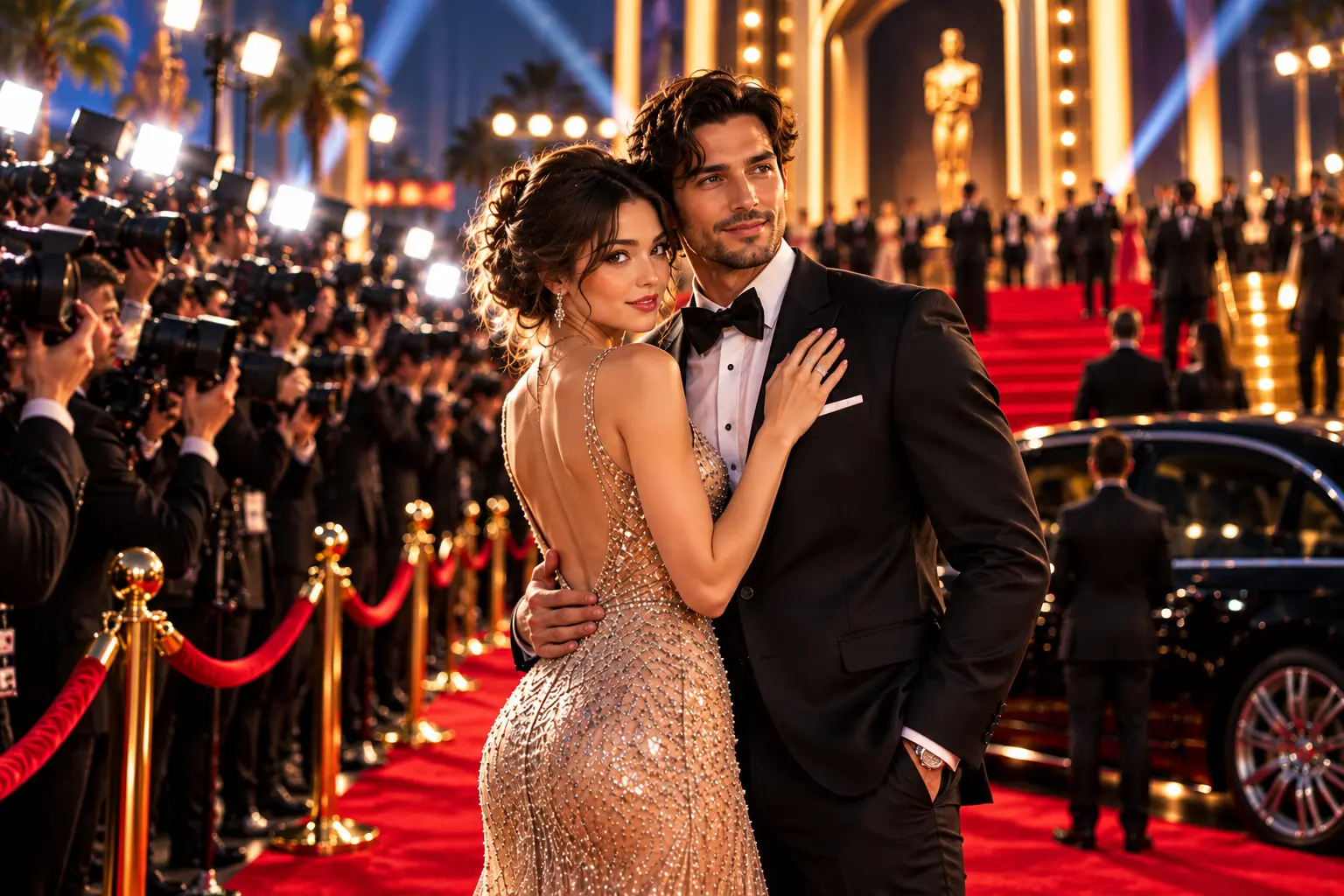 Glamorous celebrity couple posing on a red carpet with photographers. A glamorous celebrity couple posing together on a red carpet at an awards event, with the woman wearing a glittering, backless champagne-colored gown and the man in a classic black tuxedo with a bow tie, surrounded by flashing photographer cameras, bright studio lights, and a grand venue staircase in the background.