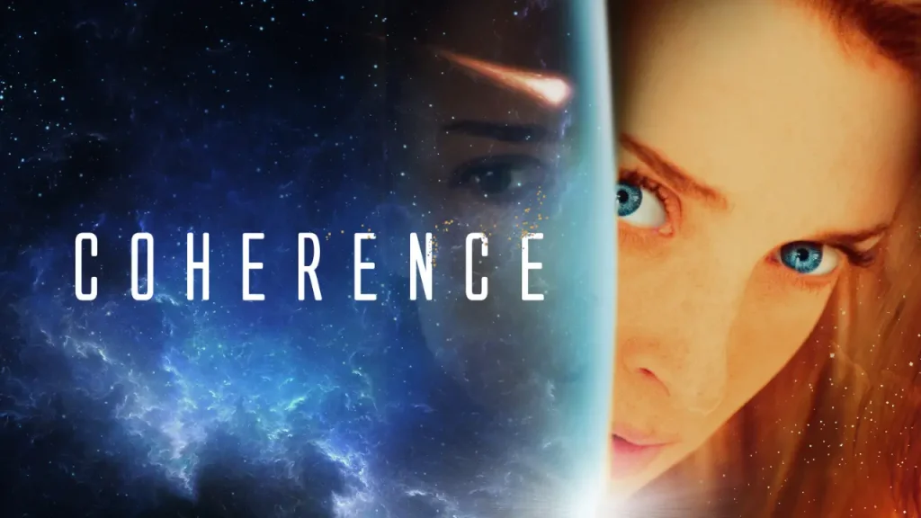 Science fiction psychological thriller poster for Coherence (2013), featuring overlapping female faces, intense blue eyes, and a glowing cosmic background.