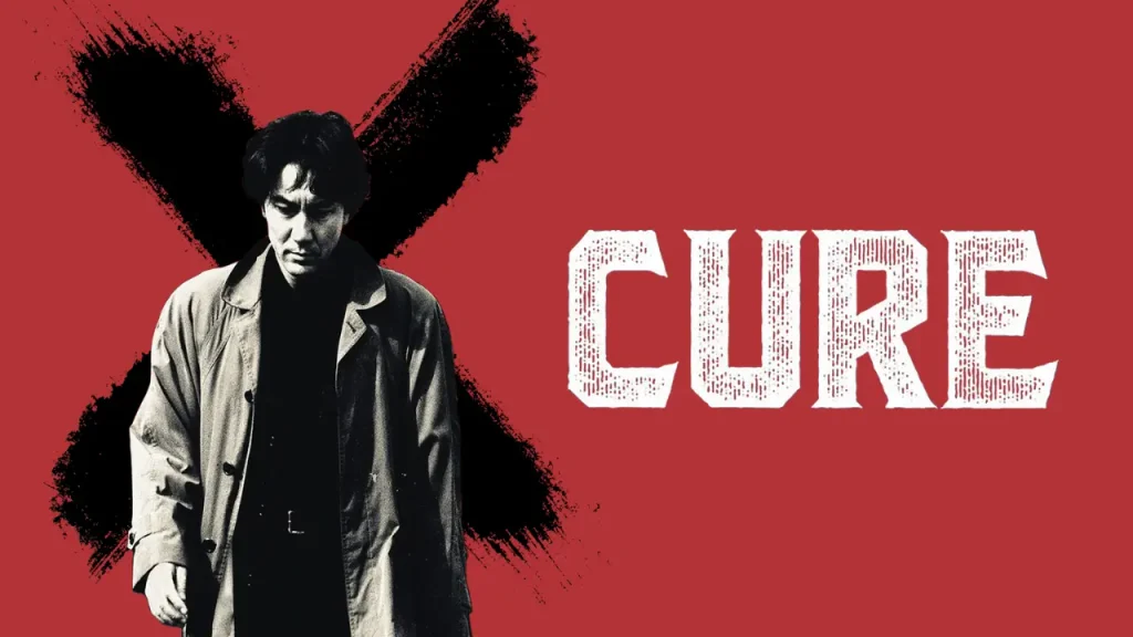 Japanese psychological horror film poster for Cure (1997), featuring a somber man in a gray coat standing against a red background with a large black X.