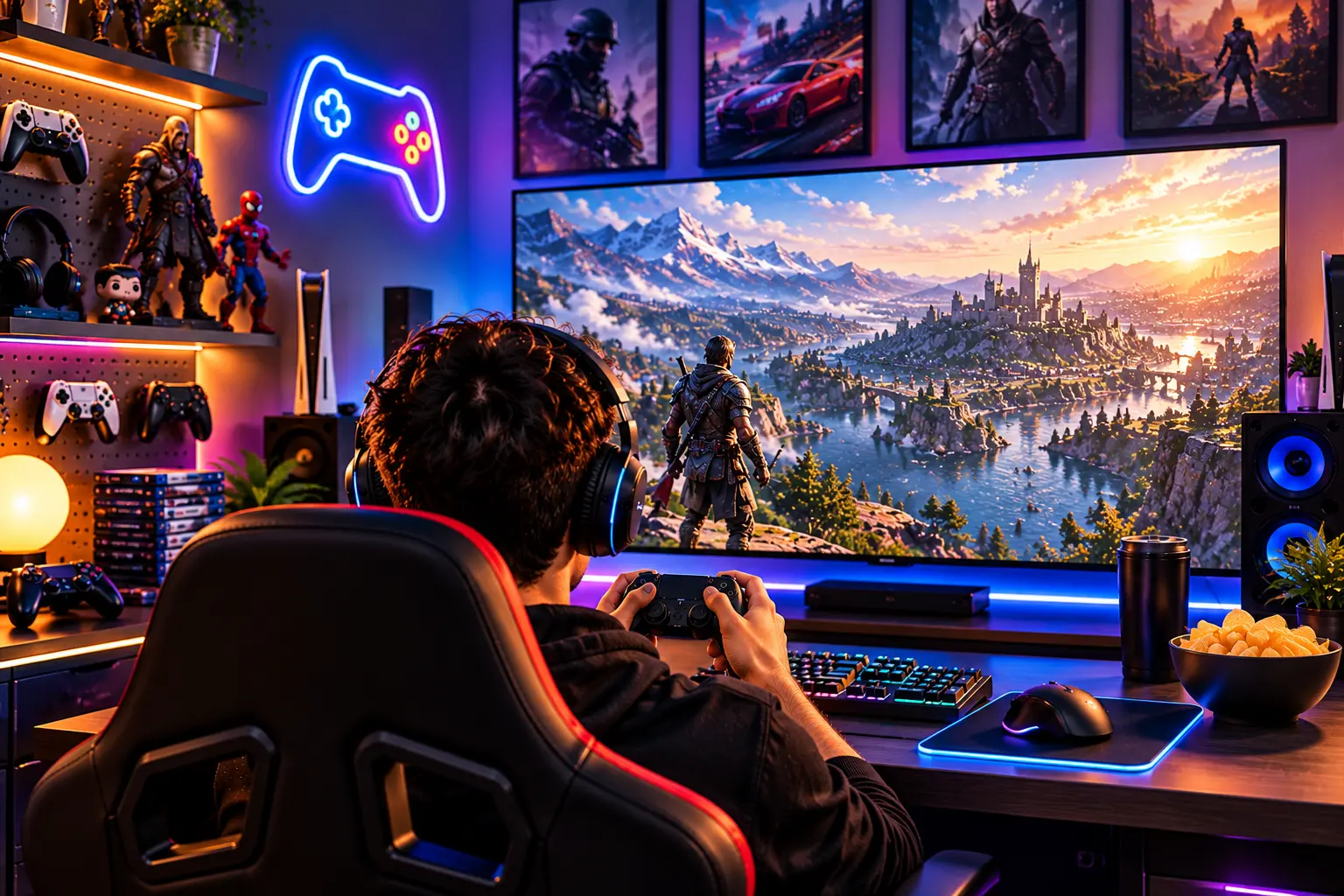 Gaming controller, headset and RGB gaming setup with fantasy game on screen. A gamer wearing a headset sits in an ergonomic chair holding a controller, playing an open-world fantasy video game on a massive ultra-wide monitor, surrounded by a high-tech setup complete with neon LED wall lighting, action figures, game controllers, and gaming posters in a vibrant setup.