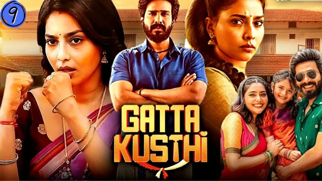 Action-comedy movie poster of Gatta Kusthi (2022), featuring Aishwarya Lekshmi and Vishnu Vishal alongside supporting characters.