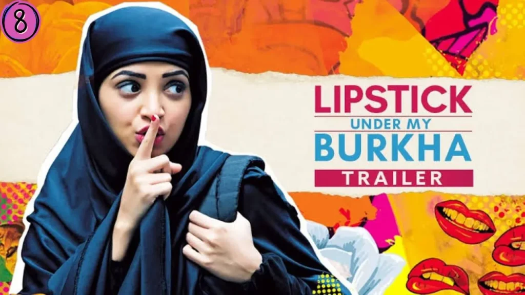 Colorful promotional image for Lipstick Under My Burkha (2016), featuring a woman wearing a black burkha with her finger over her lips.
