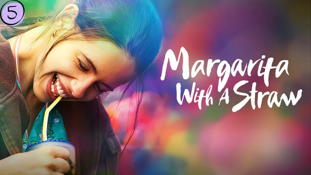 Movie poster of Margarita with a Straw (2014), showing Kalki Koechlin smiling while drinking through a straw against a colorful background.