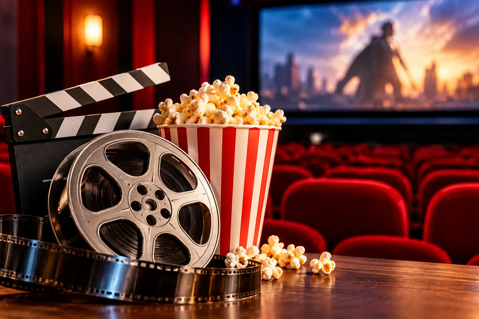 Movies and cinema: clapperboard, film reel and popcorn. A classic movie theater scene showing a close-up of a red-and-white striped bucket overflowing with popcorn, a vintage metal film reel, a strip of 35mm film, and a movie clapperboard sitting on a wooden counter in the foreground, with rows of empty red auditorium seats and a glowing cinema screen playing an action film dimly visible in the softly blurred background.