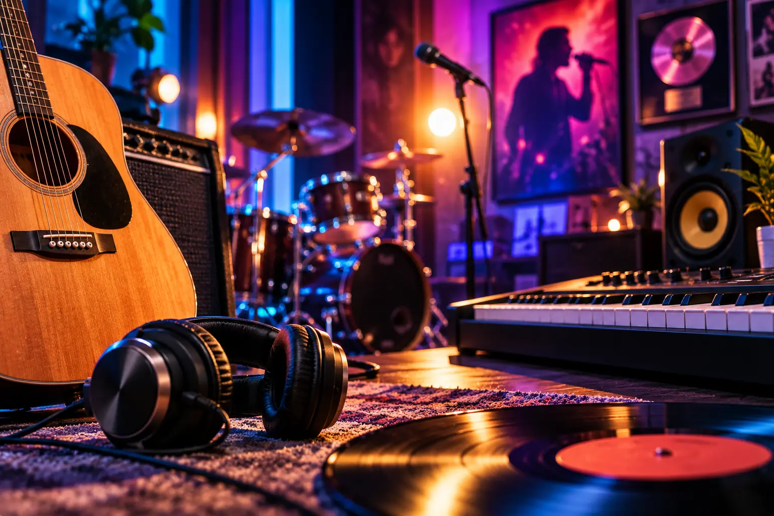 Vinyl record player, headphones and acoustic guitar. A vibrant music studio scene featuring a close-up of a black vinyl record in the foreground alongside a pair of over-ear headphones and an acoustic guitar leaning against an amplifier, with a drum set, microphone stand, synthesizer keyboard, studio monitor speaker, and framed music awards glowing under colorful blue and neon pink ambient lighting in the background.