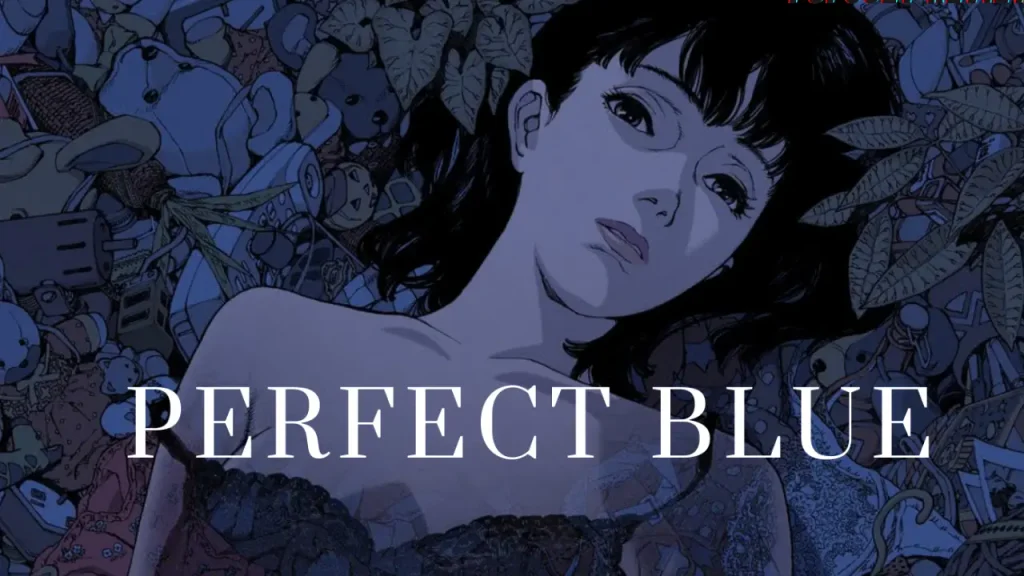 Japanese animated psychological thriller poster for Perfect Blue (1997), featuring a dark-haired anime woman surrounded by scattered objects in a mysterious blue-toned composition.