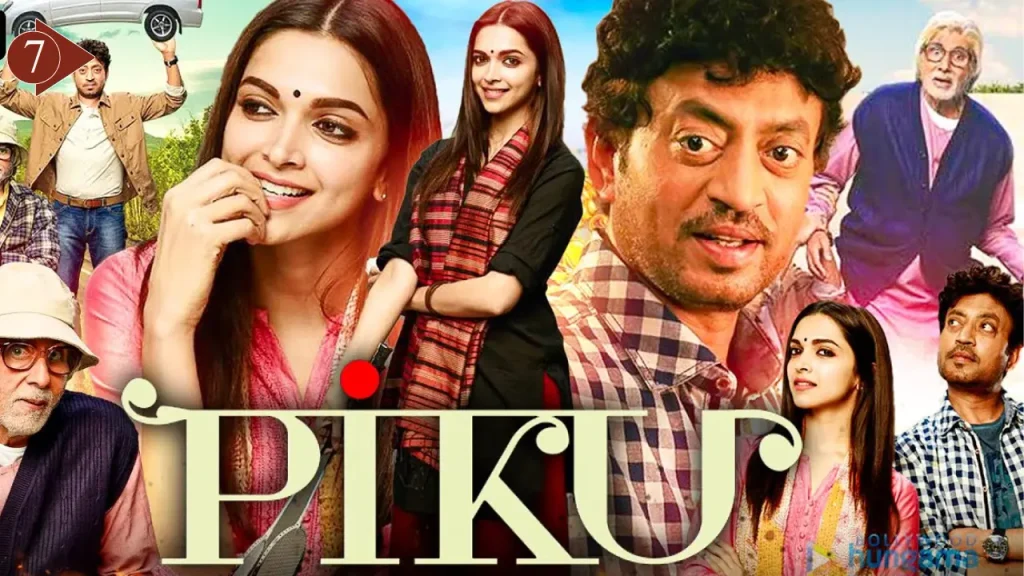 Deepika Padukone, Irrfan Khan, and Amitabh Bachchan featured in a colorful promotional collage for the Bollywood movie Piku (2015).