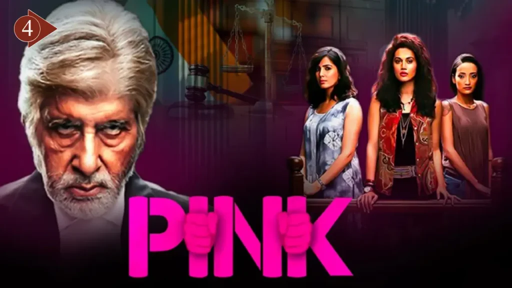 Amitabh Bachchan as a lawyer alongside Taapsee Pannu and two women in a courtroom-themed poster for Pink (2016).