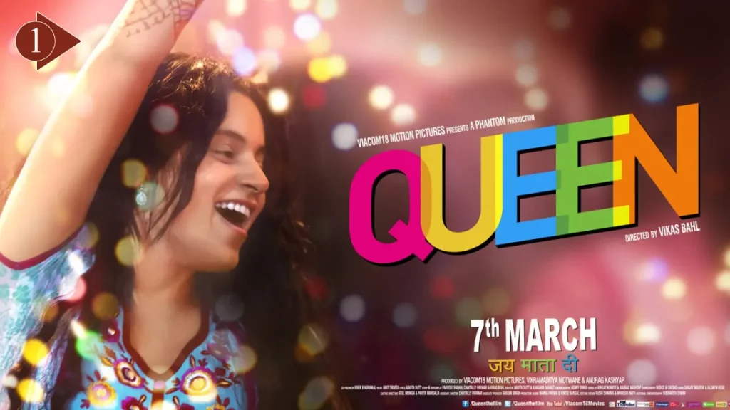 Kangana Ranaut smiling and dancing in a colorful promotional poster for the Bollywood movie Queen (2014).
