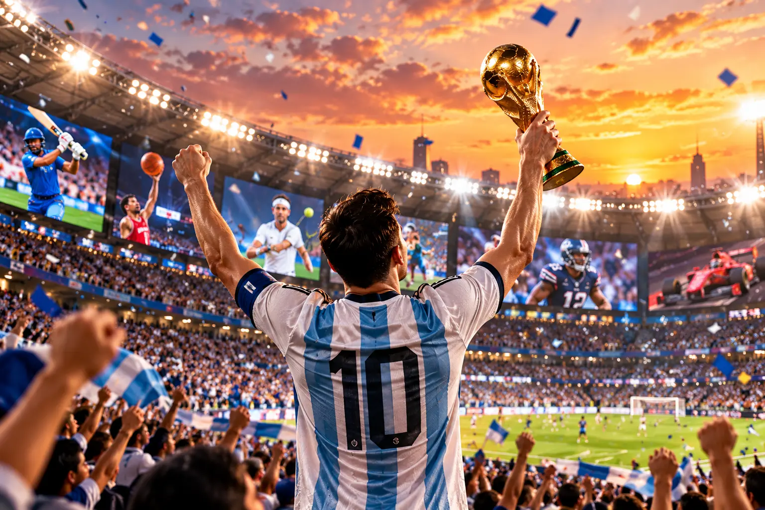 Football, basketball, cricket bat and red cricket ball on a stadium field. A victorious soccer player wearing a light blue and white striped number 10 jersey holds the golden World Cup trophy high above his head with raised arms, celebrating in front of a packed stadium under a vibrant orange sunset sky, surrounded by cheering fans, blue confetti, and large stadium screens displaying various sports including cricket, basketball, tennis, football, and racing.