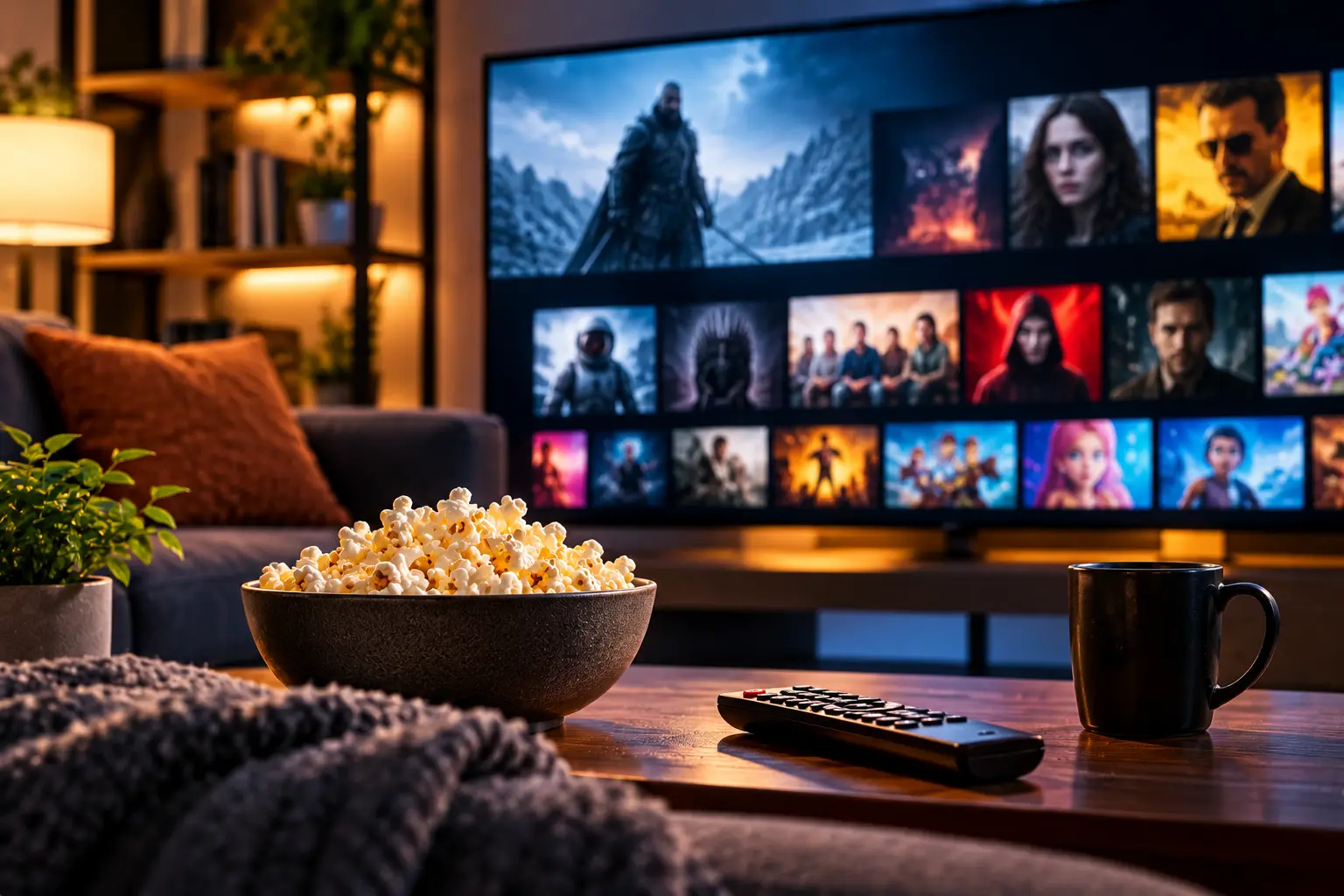 Modern television and streaming setup in a stylish living room. A cozy living room setting featuring a coffee table in the foreground with a bowl of popcorn, a TV remote, and a mug, positioned in front of a large television screen displaying a streaming service interface with rows of movie and show thumbnails.