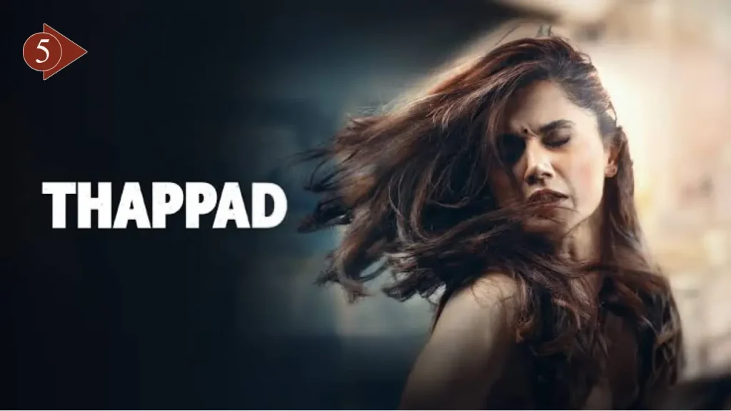 Taapsee Pannu with a distressed expression and flowing hair in the Bollywood social drama Thappad (2020) movie poster.